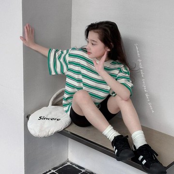 Mini baby🌷女童短袖t恤夏裝童裝小女孩夏季條紋半袖兒童上衣薄T