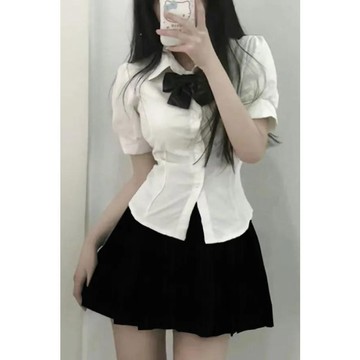 雨菲|免運 JK制服 JK套裝 短裙 百褶裙 水手服 jk制服收腰綁帶襯衫上衣短袖夏季學院泡泡白色襯衣百褶套裝兩件套