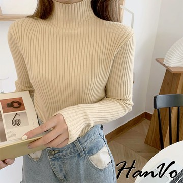 【HanVo】天天出貨 半高領冬季針織內搭衣 親膚柔軟保暖系列百搭素色 韓系女裝 女上衣 女生衣著 A02-1918