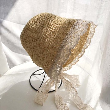 春夏新款女士出游自制蕾絲花邊手工綁帶草帽鐘型防曬遮陽帽潮1入