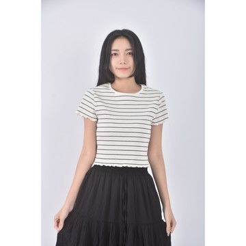 (S) 修身短版質感針織條紋白色短袖上衣二手衣