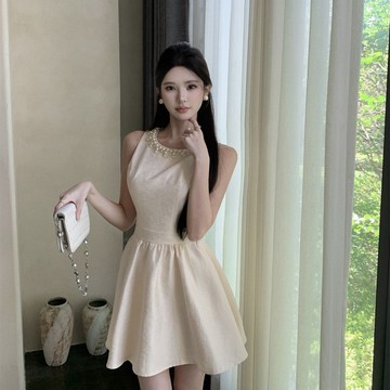 氣質小香風洋裝無袖設計感重工釘珠收腰顯瘦連身裙