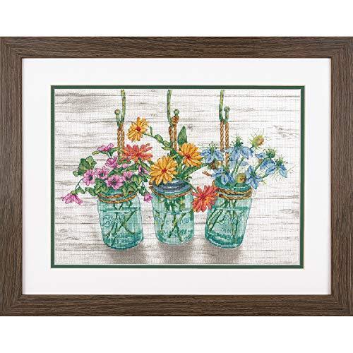 Dimensions 70-35378 Flowers in Mason Jars Cross Stitch Kit, 14 Count White