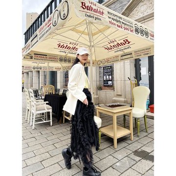 肆四黑色半身裙中裙2024秋冬新款女a字裙高腰蓬蓬修身顯瘦網紗裙