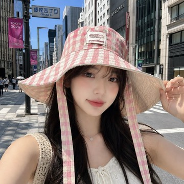 PORABELLA 現貨防曬帽子 格子雙面漁夫帽·寬邊繫帶遮陽盆帽·抗UV 大帽簷·太陽帽遮陽帽防曬帽圓頂帽·女帽子