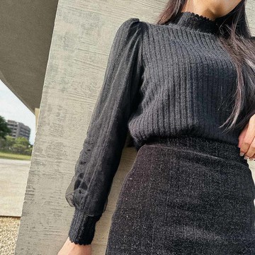 網紗澎袖針織上衣-黑【KT222895】