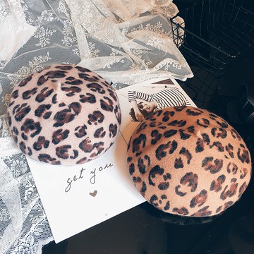 ins立體羊毛豹紋貝雷帽女韓國潮流帽子秋冬毛呢畫家帽呢料裝飾帽1入