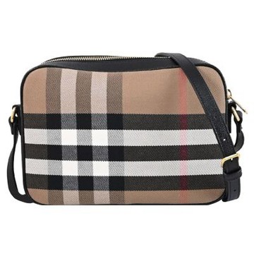 BURBERRY 格紋印花帆布斜背包/相機包(黑邊 23.5cm)