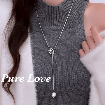 Pure Love樂芙 / 正韓 鈦鋼【316L醫療鋼】G01029幾何橢圓珍珠長項鏈 / 金 銀