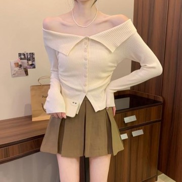 一字肩春秋修身收腰長袖針織衫