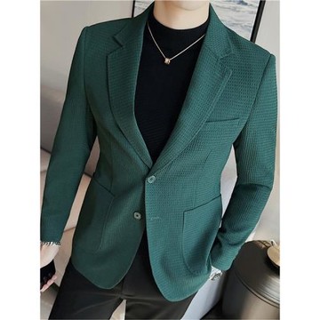 時尚華夫格修身西裝外套男薄款春夏韓版痞帥墨綠色休閑單西服上衣