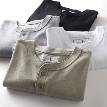 我的自留！亨利領短袖T恤男春季新款復古基礎純色日常休閑打底衫