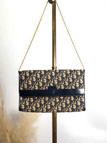 【 日本直送 名牌中古包 】Christian Dior 緹花肩背包 黑色 壓印Logo 緹花 鍊帶 vintage nvjjp2