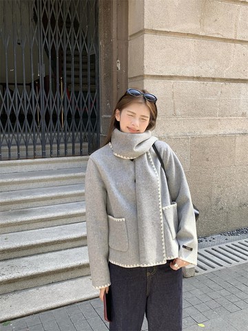 【missy shop】盛世之戀刺繡滾邊雙面毛呢外套附圍巾-92721