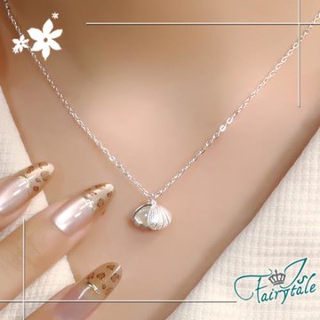 【伊飾童話】韓版甜美 珍珠貝殼項鍊扇形吊墜鎖骨鍊/銀色