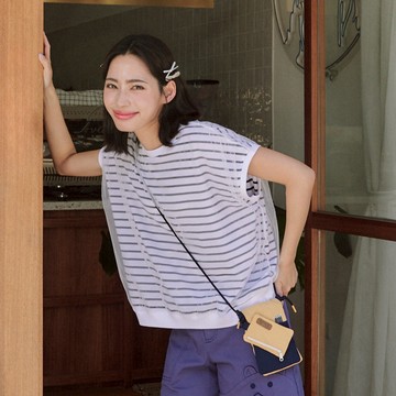 【Dailo】網紗條紋寬版上衣 藍 白 卡(魅力商品)