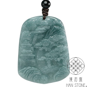 【漢石齋】天然翡翠A貨 山水玉佩吊墜 藍水種飄花(36*47*4mm)