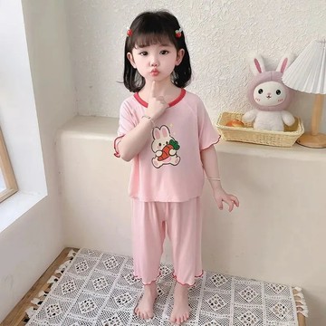 超Q~套裝女寶寶夏季薄款睡衣短袖兒童兩件洋氣卡通空調家居服 家居服套裝可外穿 中小童睡衣套裝 夏季空調服
