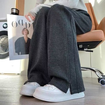 90kg小個子人字版闊腿褲女春秋薄款高腰開叉休閑時尚百搭直筒長褲