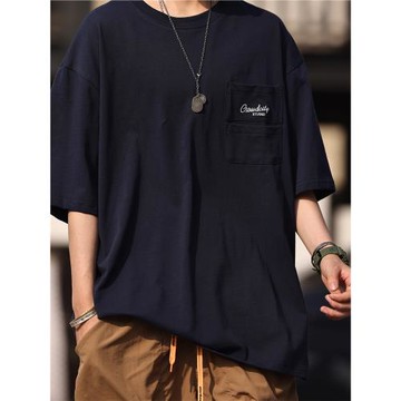 Nobodyknows夏季山系口袋純棉復古刺繡字母短袖男女寬松百搭半袖