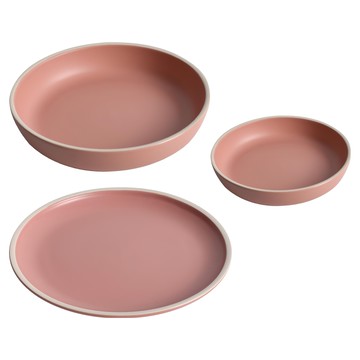 Homely Zakka 啞光磨砂陶瓷餐盤碗餐具3件組  莫蘭迪粉  1組  小圓平盤 直徑20.5 x 2.5cm + 小圓深盤 直徑20.5 x 4cm + 大圓平盤 直徑25.5 x 2.5cm