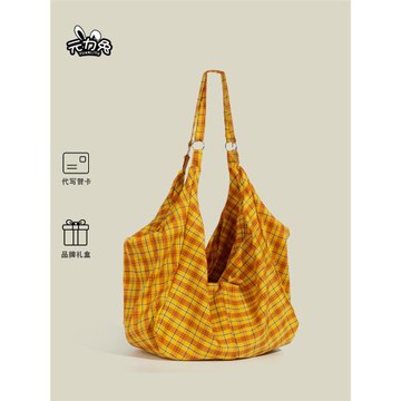 元力兔韓系慵懶風布袋托特包女士2025新款格子紋大容量雙肩包斜挎