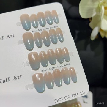 ➕最新設計款穿戴甲💅【冰川藍海莉】溫柔絶美baby藍漸變法式輕奢女短款純手工穿戴美甲短橢圓穿戴甲 QZMB