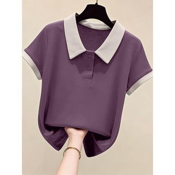 翻領短袖t恤女純棉夏裝大碼百搭寬松拼色polo衫洋氣顯瘦遮肚上衣