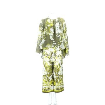 Max Mara-STUDIO 綠色植物圖騰 波浪袖絲質上衣 滑順絲緞寬褲套裝