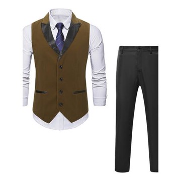 歐美咔嘰風撞色西裝領麂皮馬甲男秋季休閑大碼鹿皮絨馬夾套裝禮服