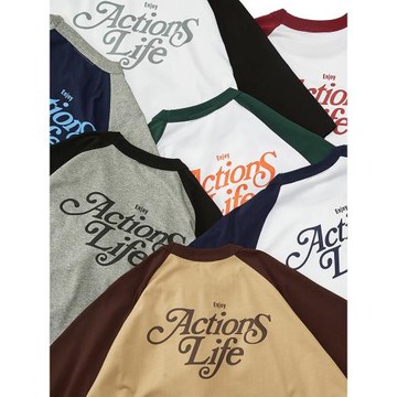 ACTIONS拼色插肩短袖T恤夏季男女情侶款美式小領口五分袖體恤上衣