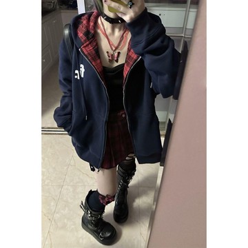 【格紋拼接】美式復古開衫連帽衛衣 拉鍊連帽刷毛外套 秋冬韓系穿搭 美式復古風 韓版外套 薄外套 女 連帽外套女 INS加