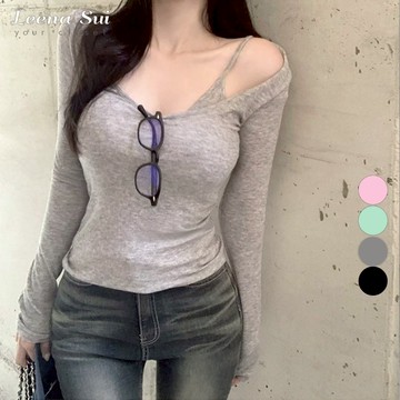 長袖上衣 假2件上衣 修身性感純欲風露鎖骨吊帶分層一體長袖T 020160