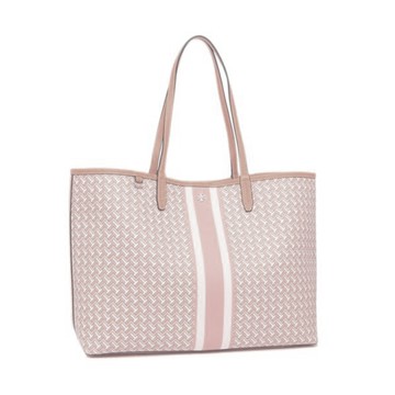 TORY BURCH - 雙T-LOGO條紋托特包 (米白粉邊)
