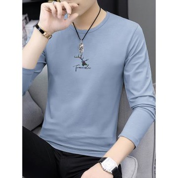 莫代爾長袖t恤男春季圓領上衣服內搭打底衫潮牌潮流鹿頭印花體恤