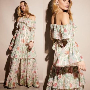 美國R.z 真絲亮絲波西米亞荷葉喇叭袖名媛一字肩掛脖晚裝連衣裙女