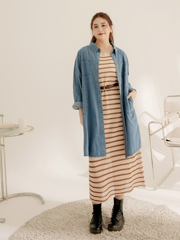 純棉開襟排釦口袋牛仔長外套