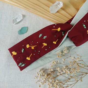 頭上的花園系列-銀杏秋紅雙拼撞色手工刺繡髮帶