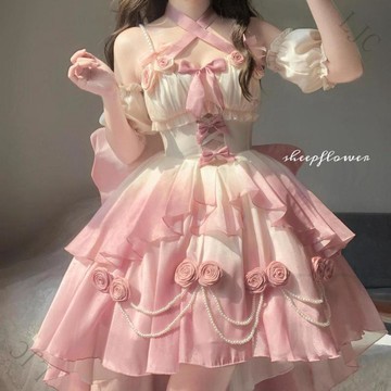 🔥熱銷🚀愛神締結 lolita 洋裝 洛麗塔 貴族公主 復古宮廷風 甜美蓬蓬禮服 水蜜桃漸變粉 重工花嫁裙 少