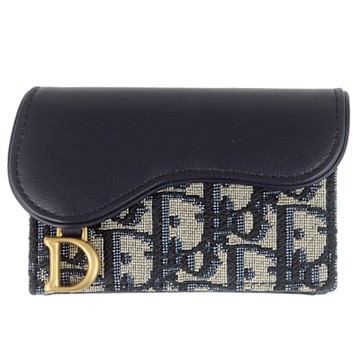 Dior SADDLE 藍色緹花布皮革翻蓋名片/卡片短夾