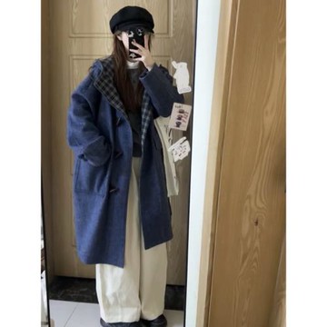 連帽牛角扣呢子大衣女毛呢外套2025秋冬季新款高級感小個子中長款