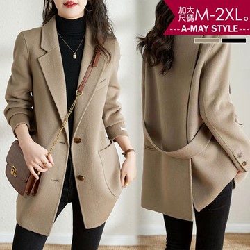 加大碼 毛呢外套 日韓設計翻領顯瘦毛呢大衣外套(M-2XL)