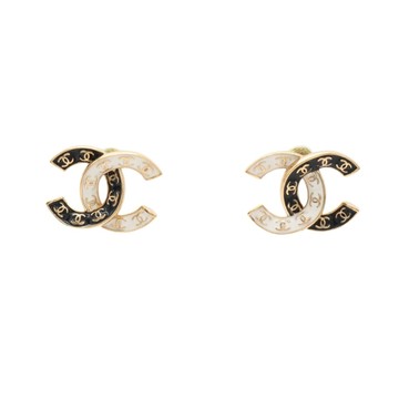 CHANEL 香奈兒 雙C 耳環 黑白 琺瑯 金色鍍金 【二手名牌BRAND OFF】
