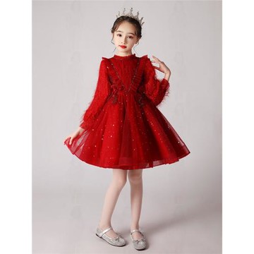 女童高檔公主裙生日小女孩鋼琴演出服主持人兒童紅色花童禮服春季