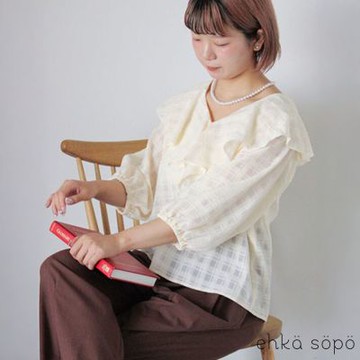 〚ehka sopo〛透明感格紋V字翻領荷葉造型襯衫