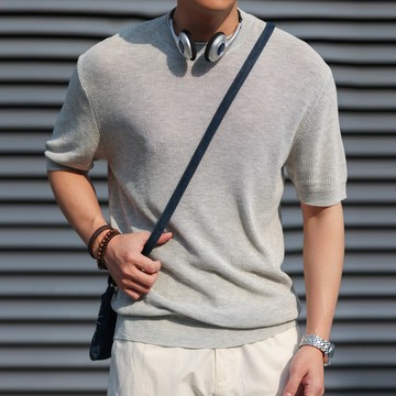 Wuluwear 美式休閒天絲亞麻短袖針織衫男cleanfit肌理簡約圓領T恤