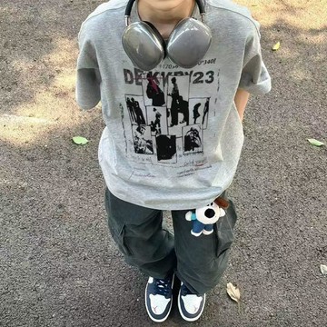 100%純棉夏季復古風百搭短袖T恤歐美式人物圖案印花淺灰色上衣男百搭 復古寬鬆 百搭ins  基本款 圓領 重磅純棉