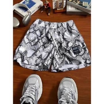 美式潮牌蛇紋印花抽繩休閑短褲男夏季高街透氣寬松網眼運動籃球褲