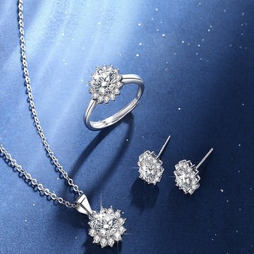 [米蘭精品] 莫桑石項鍊925純銀耳環三件套-1克拉閃耀太陽花戒指母親節情人節生日禮物女飾品74an19