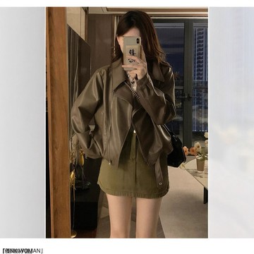 美式復古pu皮衣外套女春秋小個子寬鬆顯瘦機車服短款夾克上衣